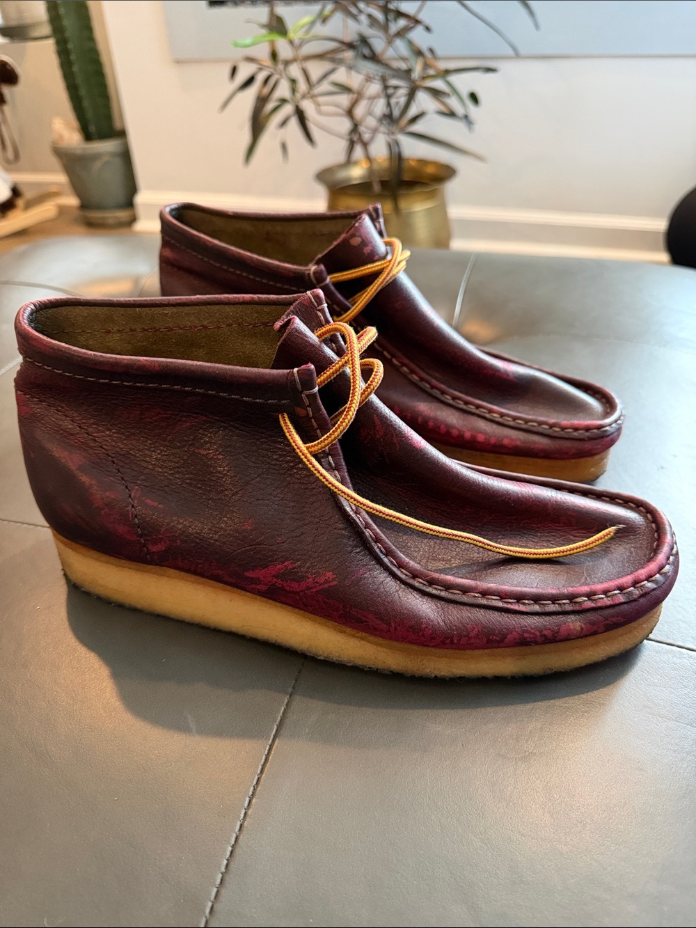 Clark’s Wallabee Men’s Burgundy Leather Moccasin Ankle Boot with Crepe Sole